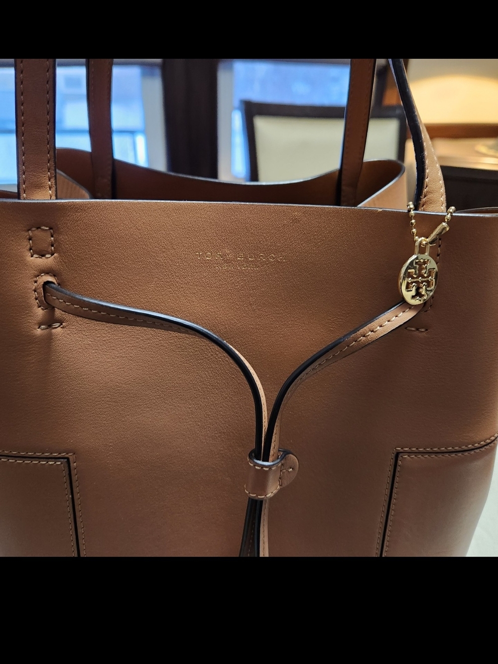 Tory Burch Cognac Leather Bucket Satchel with Drawstring Charm - Picture 2 of 11